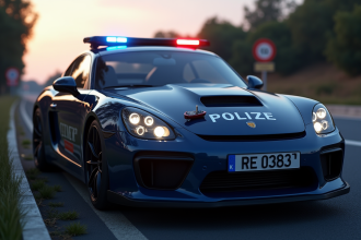 Voiture de police moderne au crépuscule avec alcootest sur le capot