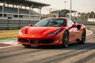 Ferrari rouge atteignant des vitesses extrêmes sur un circuit automobile fermé, vue en contre-plongée au niveau de l'asphalte