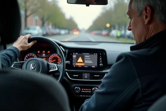 Tableau de bord d'une Peugeot 208 avec voyant orange allumé indiquant une alerte moteur