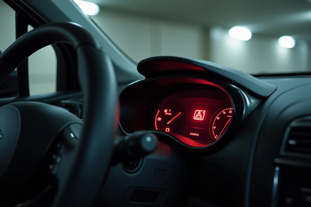 Gros plan sur un voyant rouge allumé sur le tableau de bord d'une Peugeot 208