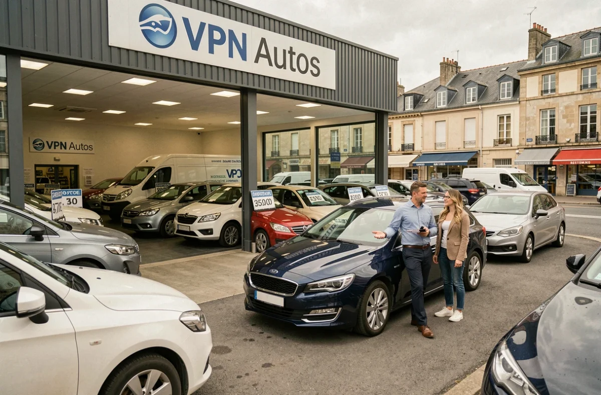 Extérieur du concessionnaire VPN Autos Bordeaux avec stock de véhicules d'occasion et vendeur conseillant un couple