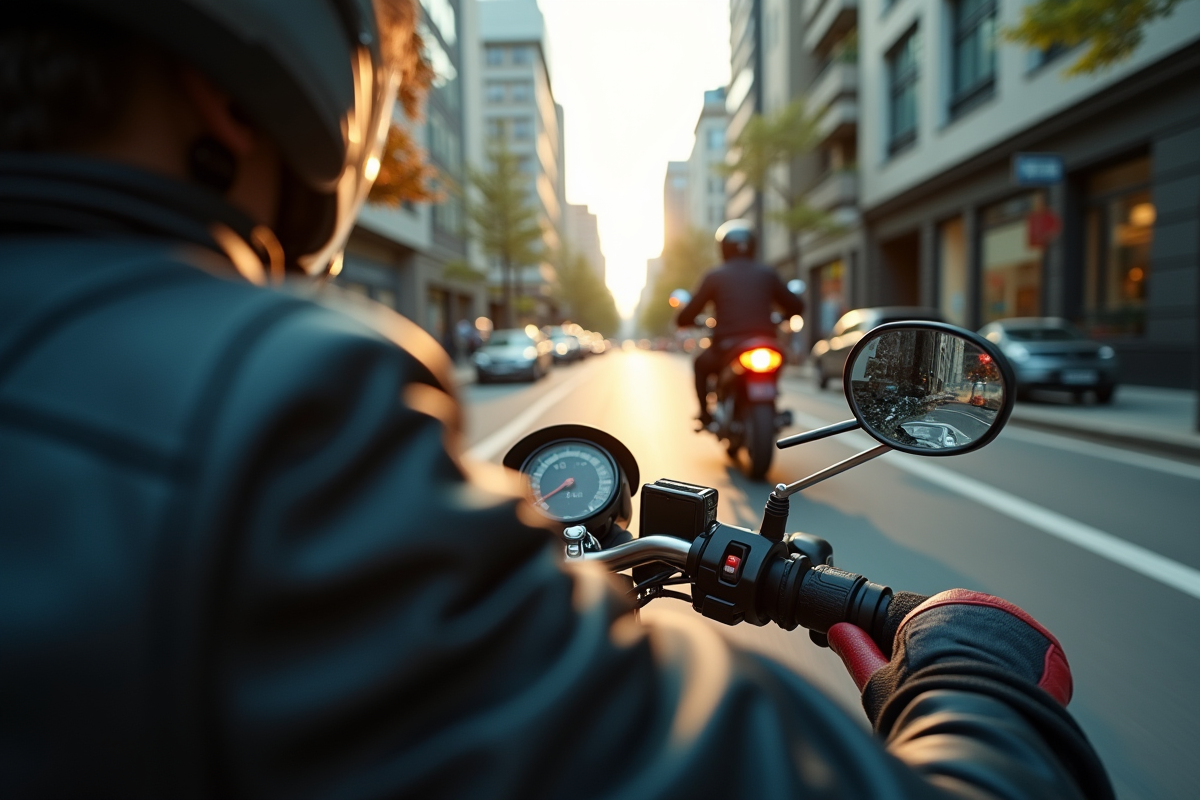 Main gantée dans le sidecar avec vue sur la route urbaine