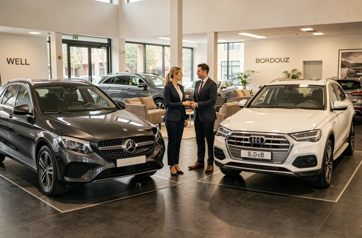 Intérieur du showroom Well And Cars à Bordeaux avec véhicules premium d'occasion et conseillère accueillant un client