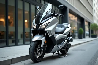 Yamaha TMAX 750 garé en milieu urbain, vue avant trois quarts, carénage argenté et noir bien détaillé
